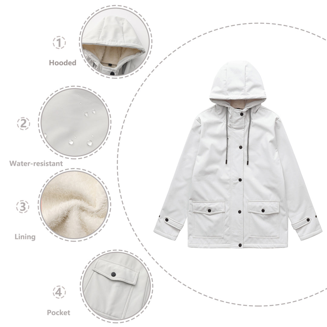 Damen nan wasserabweisender Parka mit Kapuze, fleecegefütterter Innenseite und großen Pattentaschen Drune