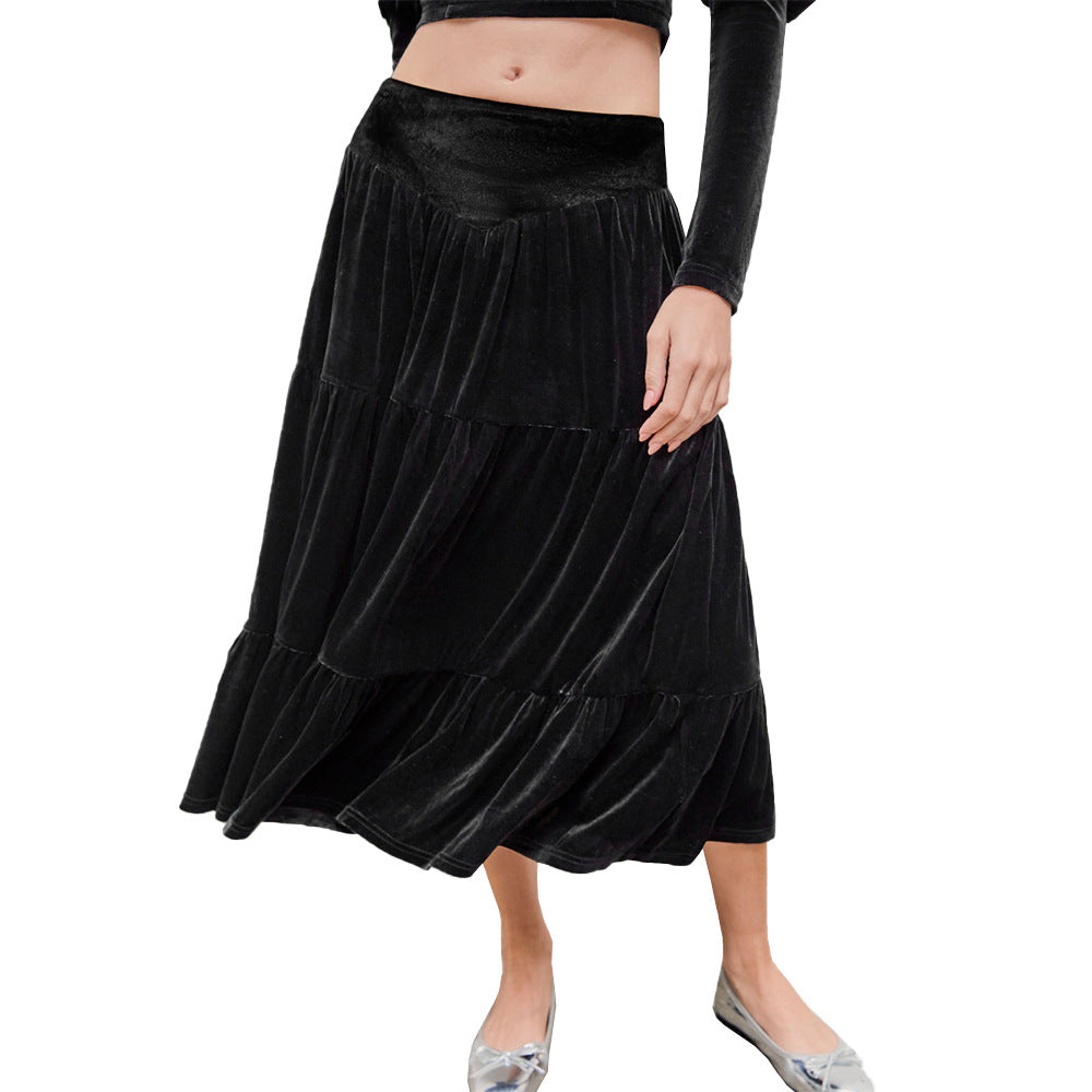 Damen Samtiges zweiteiliges Set mit gerafftem Bustier-Crop und stufigem Midirock Drune