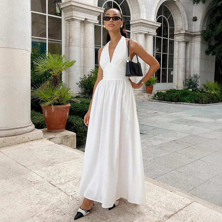 Damen Elegantes Maxikleid mit tiefem V-Ausschnitt und fließendem Schnitt Drune