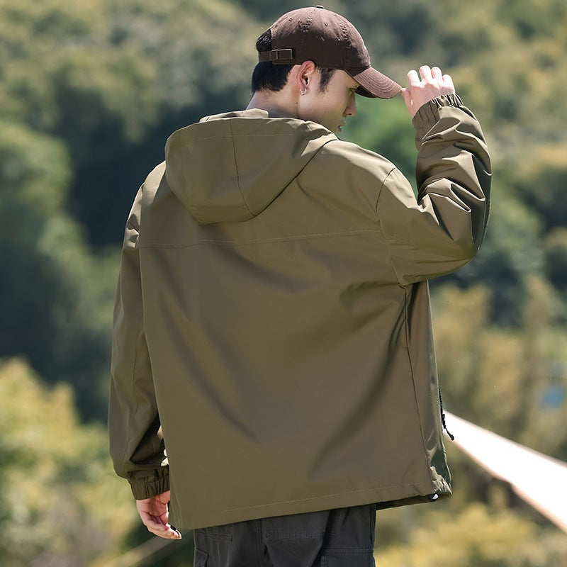 Herren Leichte winddichte Utility-Übergangsjacke mit Kapuze, Multifunktions-Reißverschlüssen & verstellbarem Saum Drune