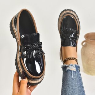 Damen Modische Lack-Loafer mit übergroßer Schleife und grober Profilsohle Drune