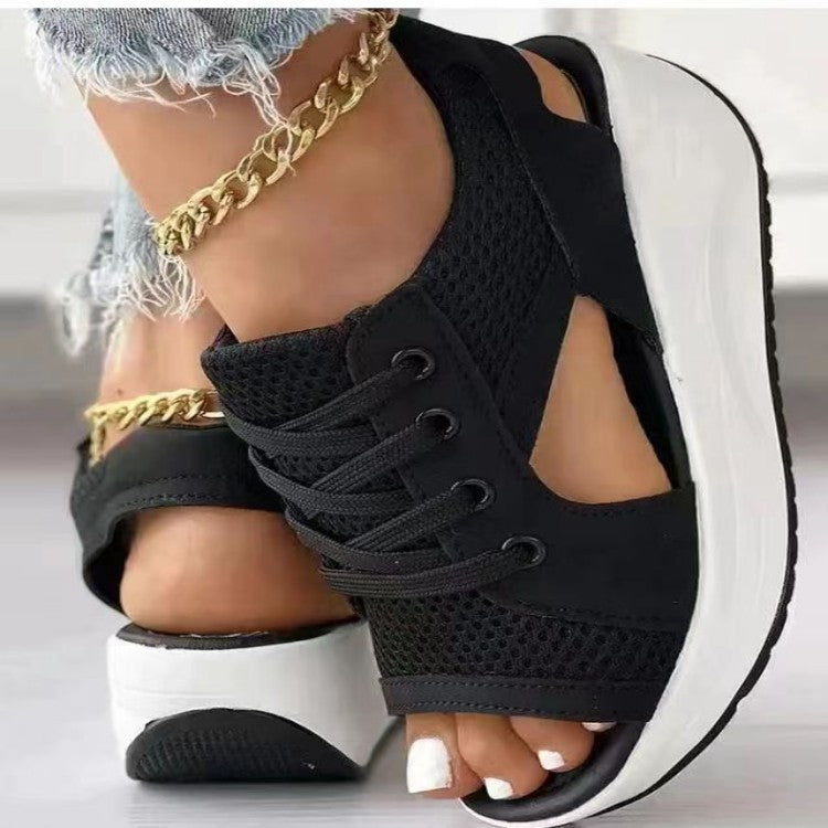Damen Offene Keil-Sandale-Sneaker mit atmungsaktivem Mesh, profilierter Plateau-Sohle und Schnürung Drune