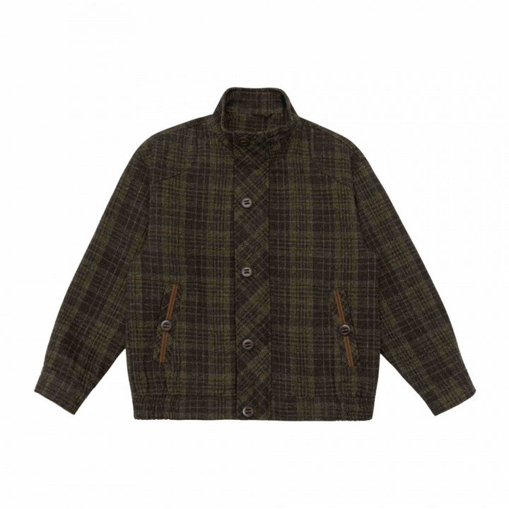 Herren Boxy-Blouson aus Wollmix mit Stehkragen, verdeckter Knopfleiste und Lederapplikationen Drune
