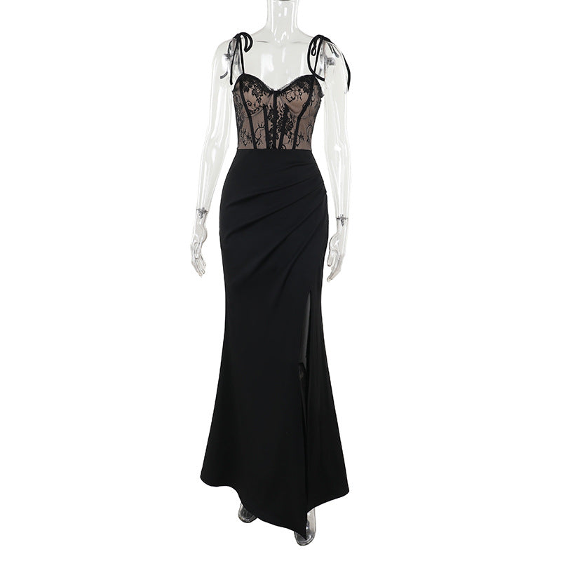 Damen Abendkleid mit Spitzenoberteil und elegantem Schlitz Drune