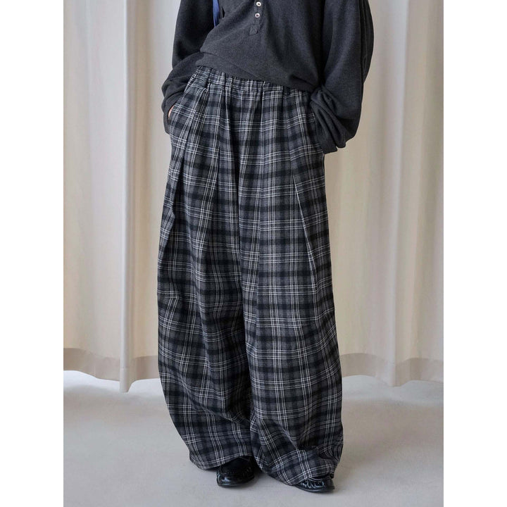 Damen Weite karierte Palazzo-Hose mit Bundfalten und elastischem Bund Drune