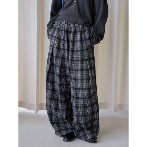 Damen Weite karierte Palazzo-Hose mit Bundfalten und elastischem Bund Drune