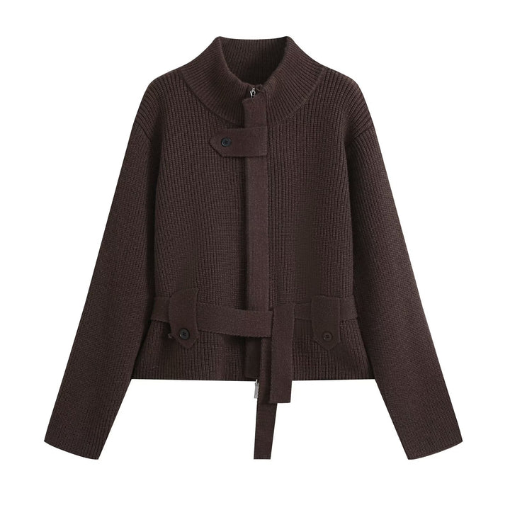 Damen Kurzgestrickte Taillierte Strickjacke mit Stehkragen und Taillengurt Drune