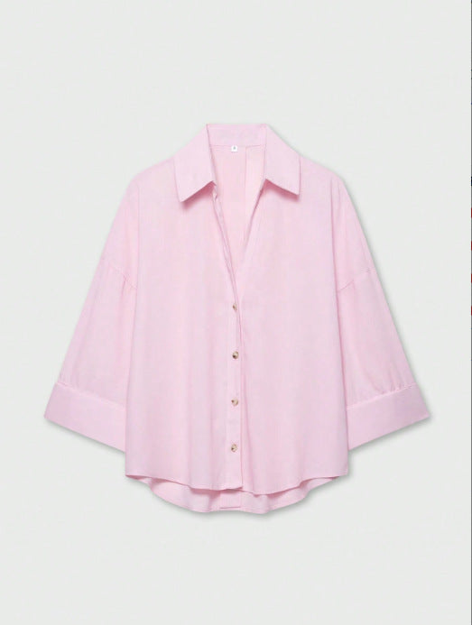 Damen Leichte Oversize Leinenoptik Bluse mit Dreiviertelärmeln und durchgehender Knopfleiste Drune