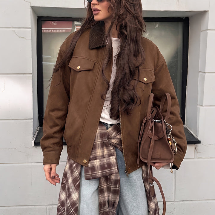 Damen Modische Velours-Lederjacke mit Cordkragen Drune