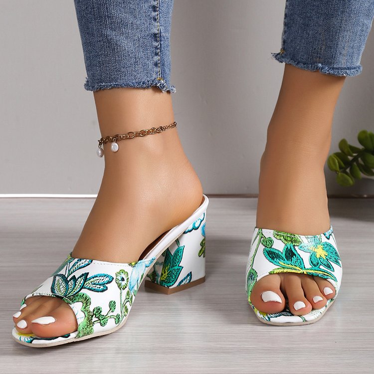 Damen Slip-On Mules mit floralem Allover-Print, mittelhohem Blockabsatz und gepolstertem Komfortfußbett Drune