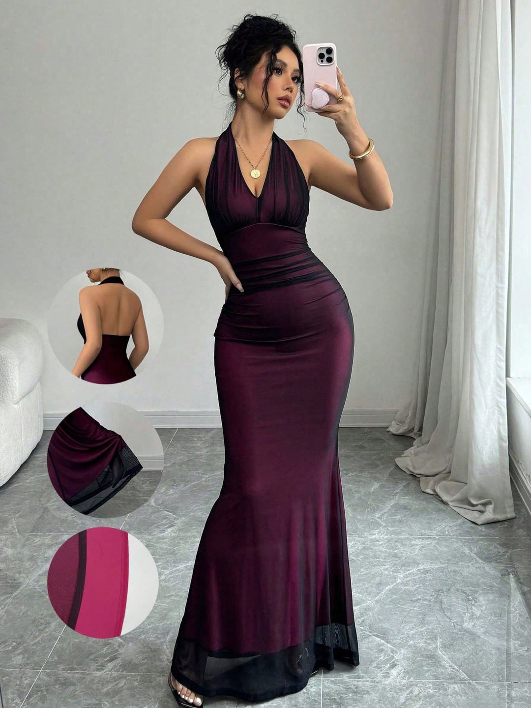 Damen Elegantes Maxikleid mit tiefem V-Ausschnitt und taillierendem Schnitt Drune