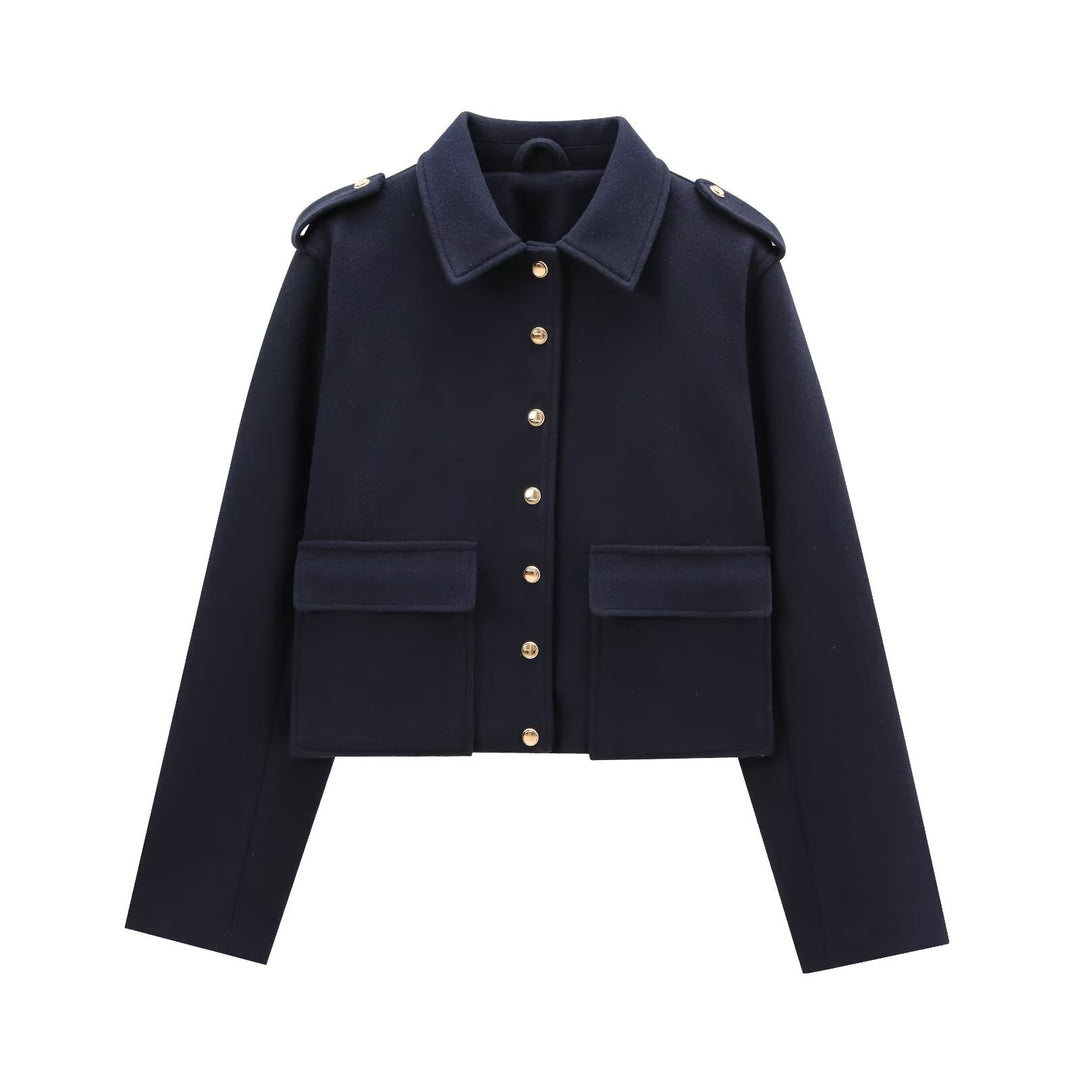 Damen moderne cropped Jacke mit goldenen Druckknöpfen Drune
