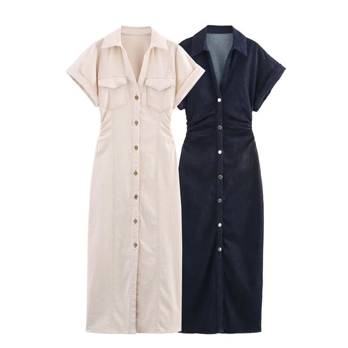 Damen Hemdblusenkleid mit kurzen Ärmeln und praktischen Taschen Drune