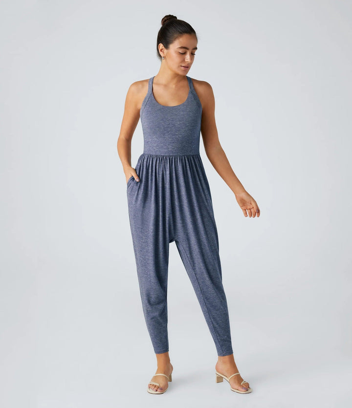 Damen nan lässiger Jersey-Overall mit Racerback, smockierter Taille und seitlichen Eingrifftaschen Drune