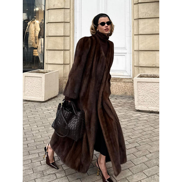 Damen Luxuriöser Kunstpelzmantel mit elegantem Schnitt und hohem Kragen Drune