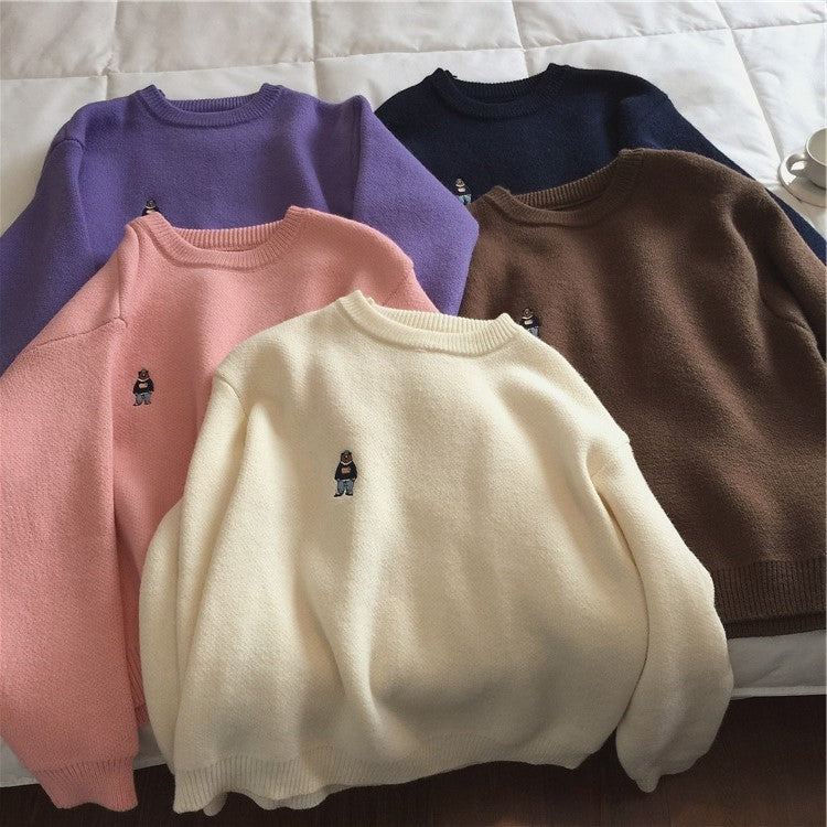 Damen Kuscheliger Basic Pullover mit niedlichem Stickmotiv Drune