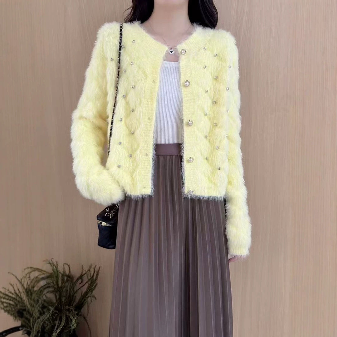 Damen Flauschiger Strickcardigan mit Perlen Drune
