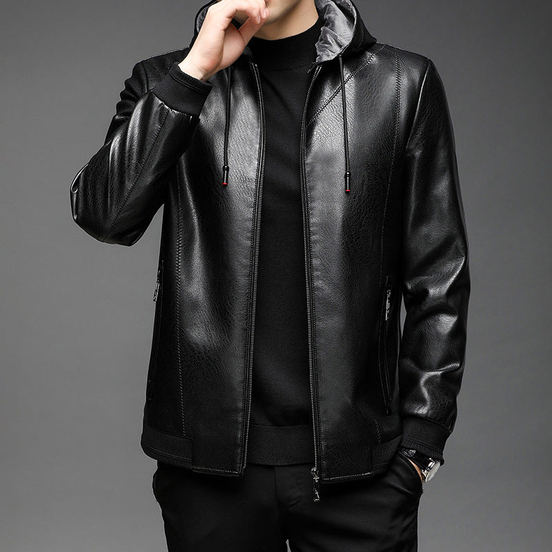 Herren Lederimitat-Hoodiejacke mit Kapuze, Reißverschluss und schmaler Silhouette Drune