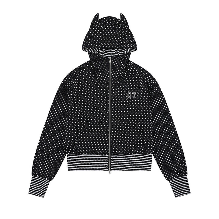 Damen Kapuzen‑Sweatjacke mit Reißverschluss, Ohr‑Applikation und Allover‑Pünktchen Drune