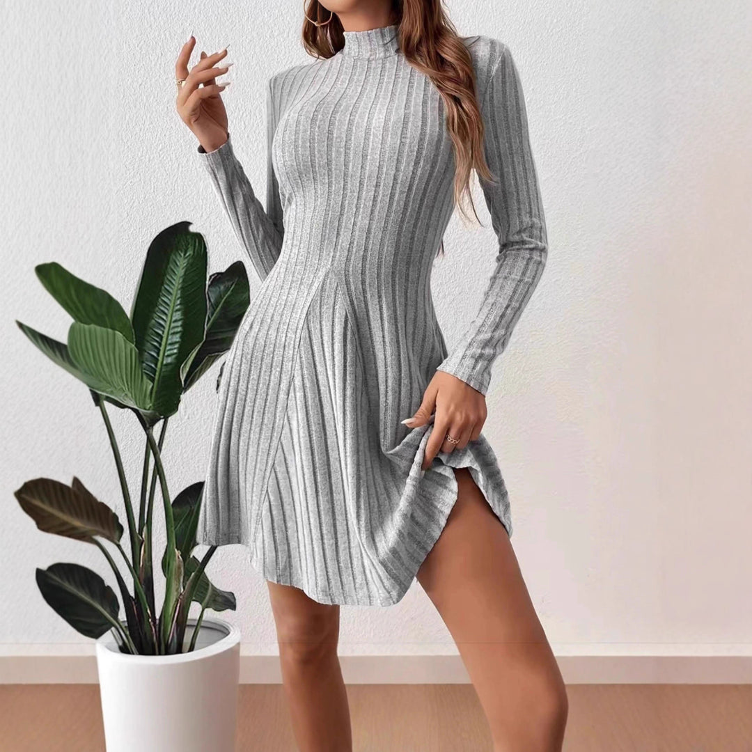 Damen Geripptes Strickkleid mit Stehkragen, taillierter A‑Linie und langen Ärmeln Drune
