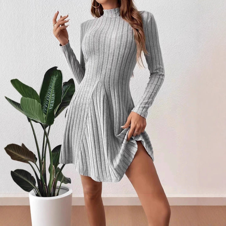 Damen Geripptes Strickkleid mit Stehkragen, taillierter A‑Linie und langen Ärmeln Drune