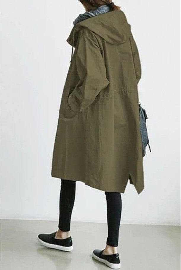Damen nan leichter oversized Regenmantel mit Kapuze und verdeckter Knopfleiste Drune