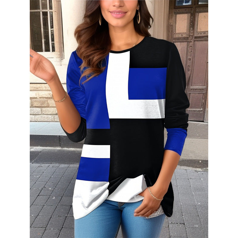 Damen nan geometrisches Colorblock Longsleeve-Tunika-Oberteil mit Rundhalsausschnitt und asymmetrischem Saum Drune