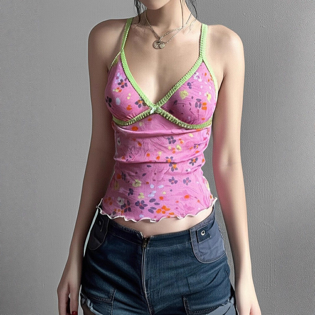 Damen Blumen Spaghetti Trägertop mit feinen Rüschendetails Drune