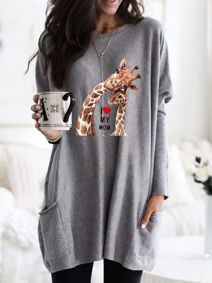 Frauen Übergroße Sweatkleid mit Giraffenmuster, Rundhalsausschnitt und Seitentaschen Drune