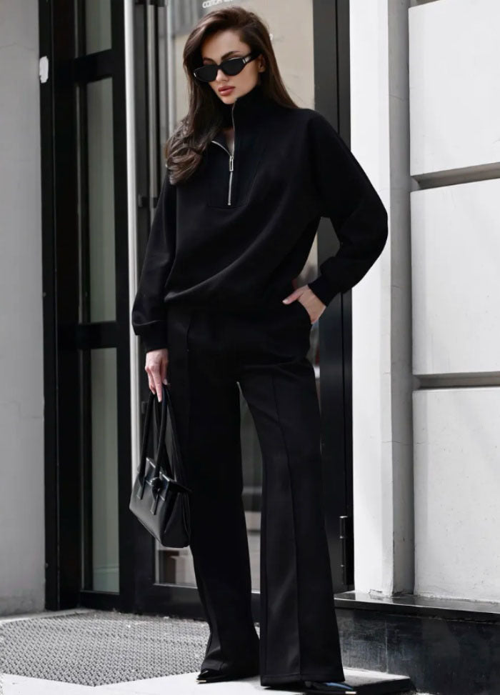 Damen Oversize-Halbreißverschluss-Sweatshirt mit weit geschnittener hochgeschnittener Palazzo-Hose Drune