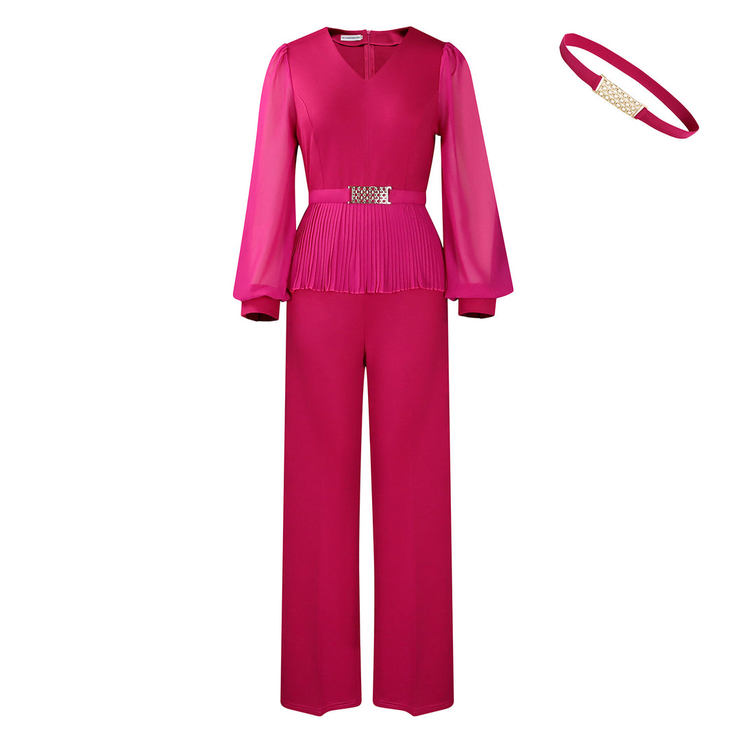 Damen Eleganter Plissee-Jumpsuit mit taillierter Passform und langen Ärmeln Drune