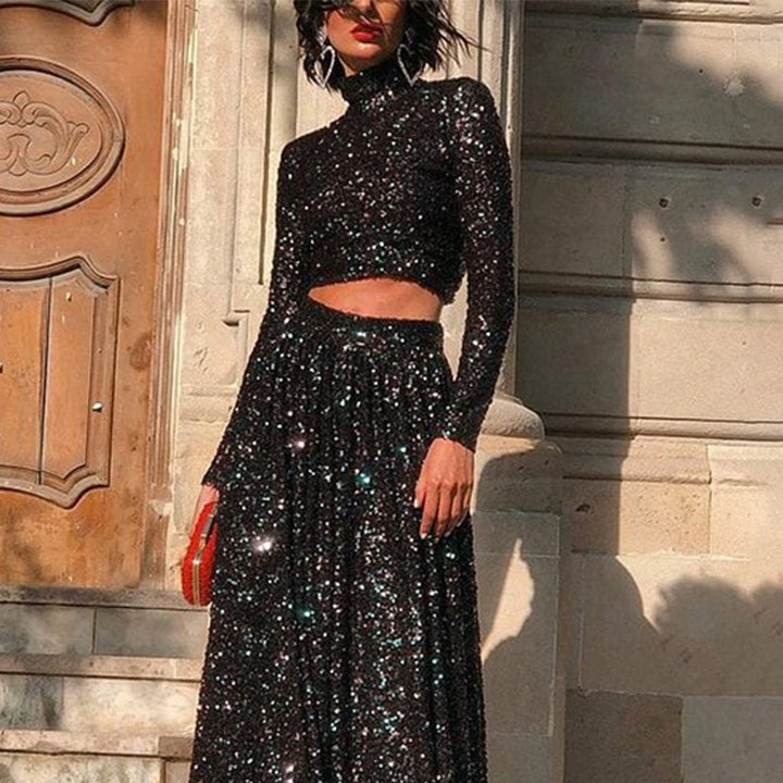 Damen nan zweiteiliges Pailletten-Abendset mit hochgeschlossenem Crop-Top und fließendem Maxirock Drune