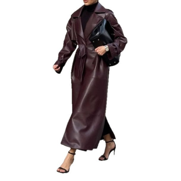 Damen eleganter Kunstleder-Trenchcoat mit taillierbarem Gürtel und praktischen Taschen Drune