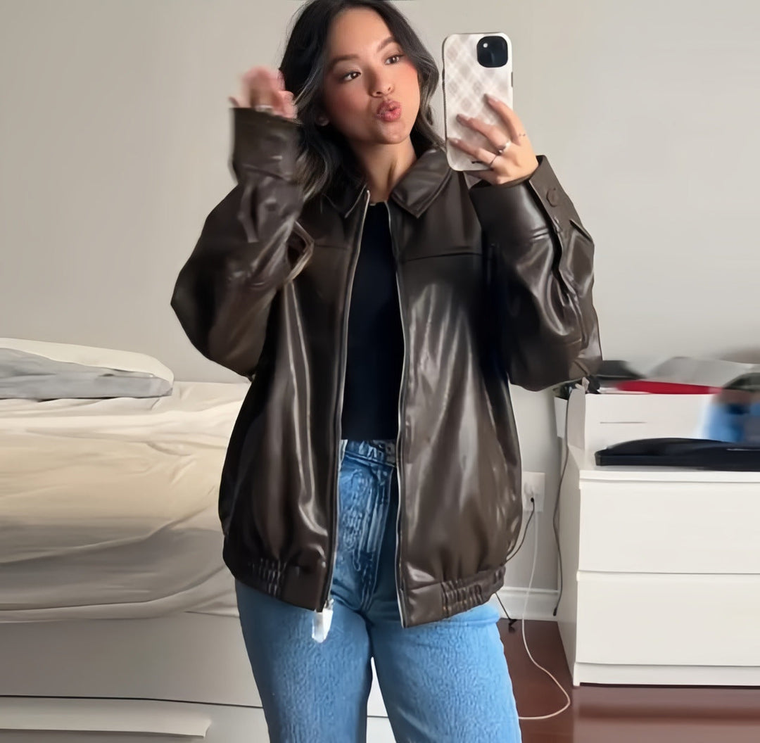 Damen oversized Kunstlederjacke mit lässigem Schnitt Drune