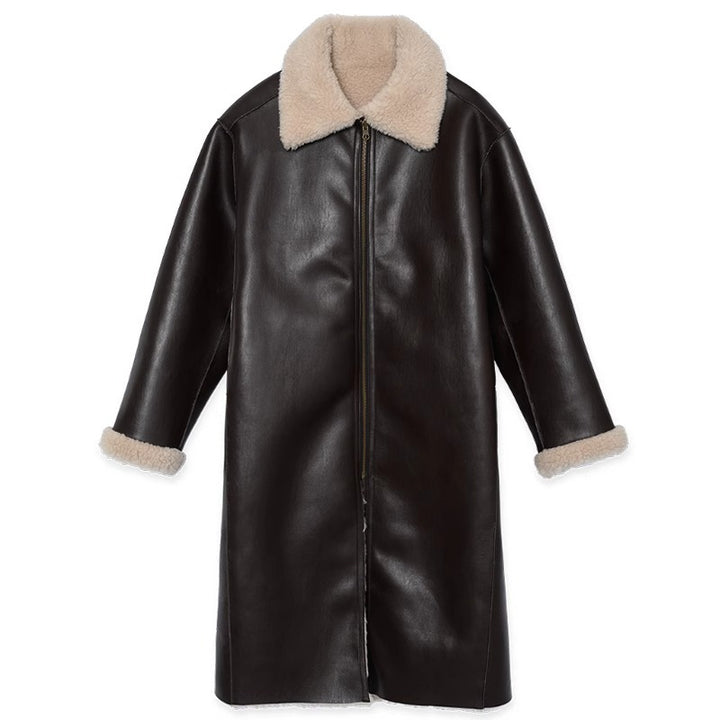Damen elegante Lederjacke mit Teddyfutter Drune