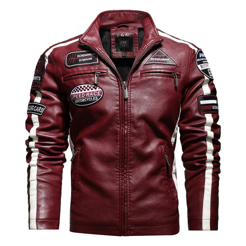 Herren Racing-Style Kunstlederjacke mit Aufnähern, Kontraststreifen und Stehkragen Drune