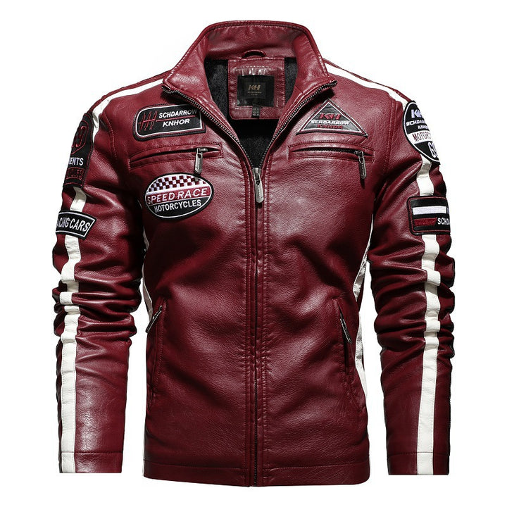 Herren Racing-Style Kunstlederjacke mit Aufnähern, Kontraststreifen und Stehkragen Drune