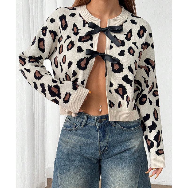 Damen Stilvolle Leopardenstrickjacke mit Bindebändern Drune