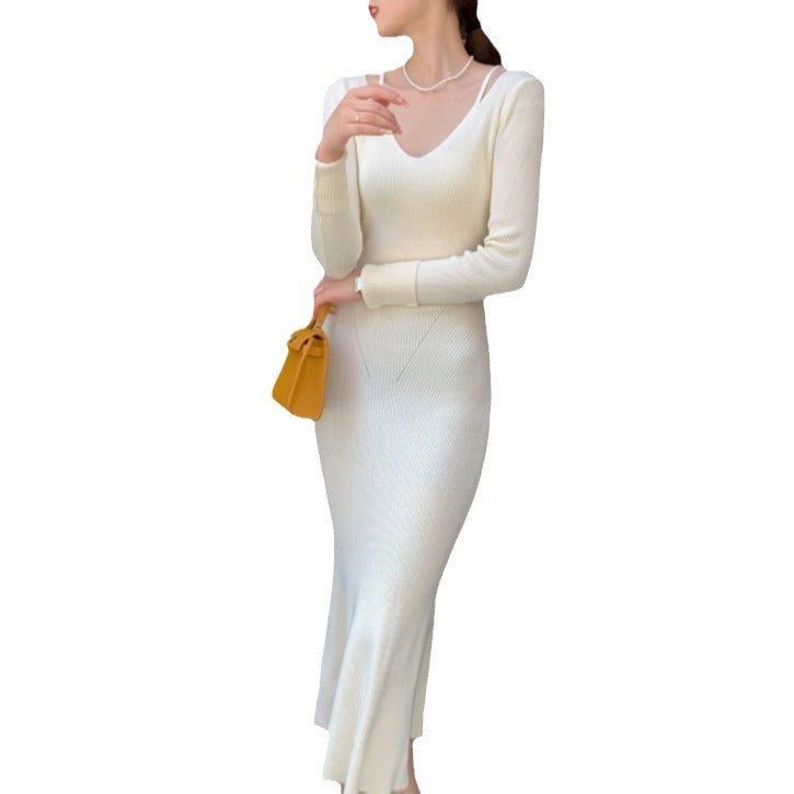 Damen elegantes Strickkleid mit V-Ausschnitt und schwingendem Rock Drune