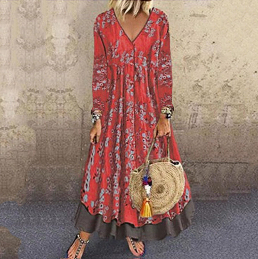 Damen blumiges Maxikleid mit weitem Schnitt und V-Ausschnitt Drune