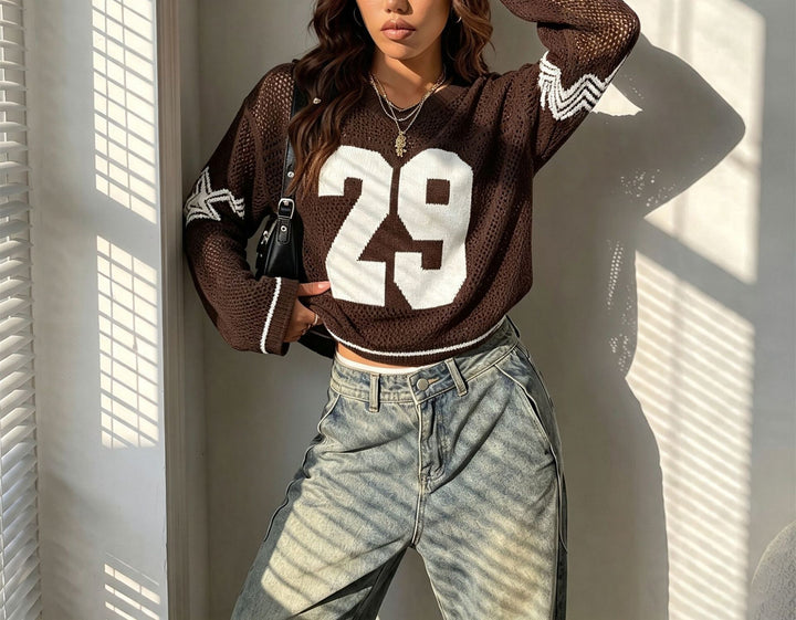 Damen Oversize Netz-Strick Cropped Pullover mit V-Ausschnitt Drune