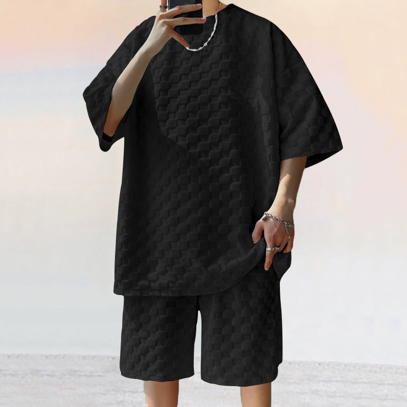 Unisex nan strukturiertes Relief-Set aus wabenartigem Jersey mit übergroßem Shirt und knielangen Shorts Drune