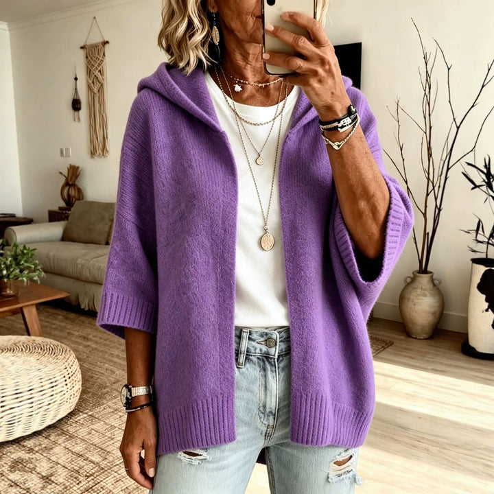Damen Kapuzen-Longcardigan aus grobem Strick mit 3/4-Ärmeln und offener Front Drune