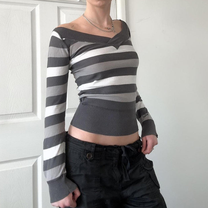 Damen Taillierter Feinstrick-Pullover mit breiten Blockstreifen und V-Ausschnitt Drune