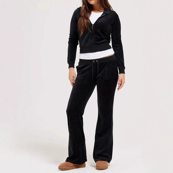 Damen Samtvelours Cropped-Zipjacke mit Kängurutasche und hochgeschnittener Bündchenhose Drune