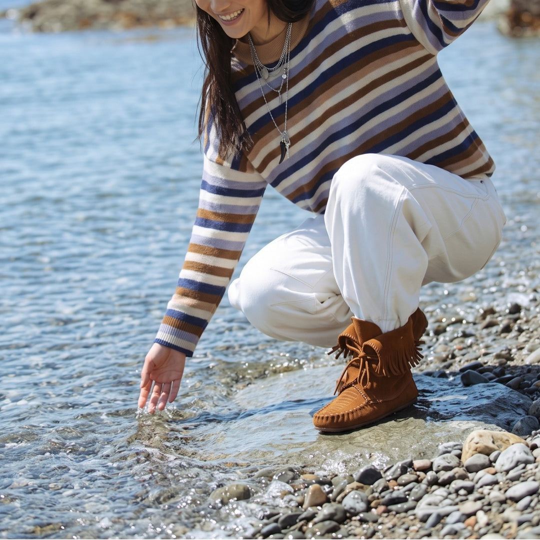 Damen Gestreifter Strickpullover mit Polokragen & Knopfleiste Drune