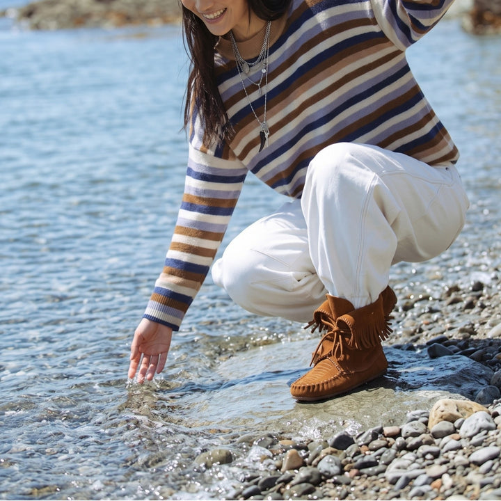 Damen Gestreifter Strickpullover mit Polokragen & Knopfleiste Drune