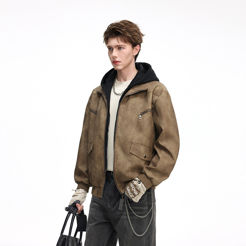 Herren Oversize-Blouson aus Kunstleder mit abnehmbarem Kapuzen‑Einsatz, Stehkragen und Utility‑Taschen Drune