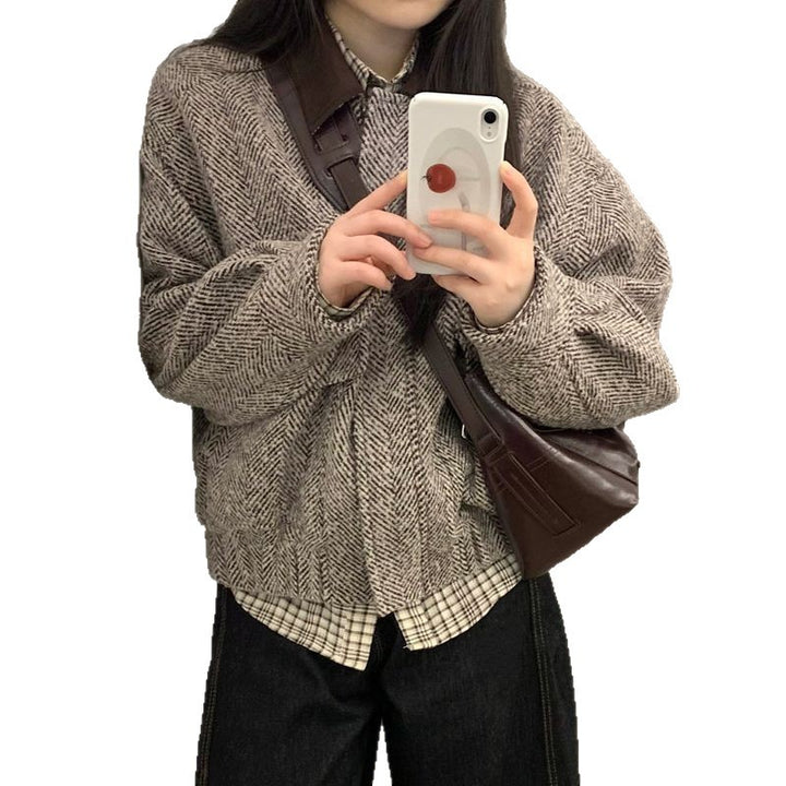 Damen lässige Wolljacke mit Karomuster Drune