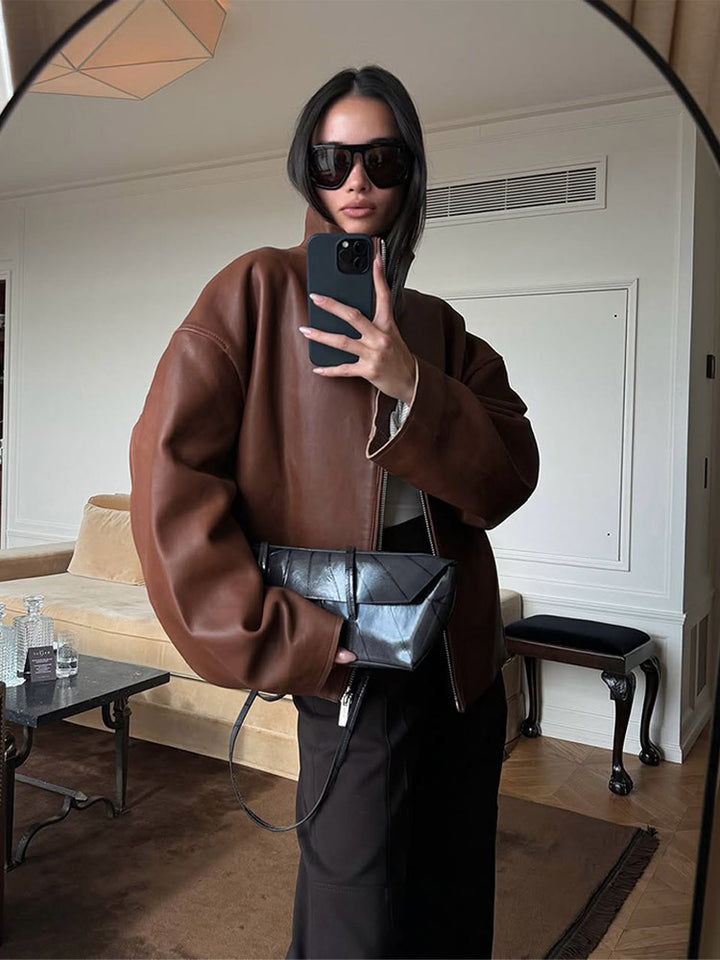 Damen Oversized Lederblouson mit soften Teddy-Innenfutter und Verdeckt-Reißverschluss Drune